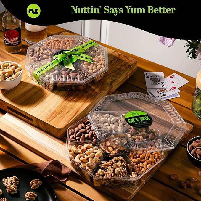 NUT CRAVINGS - Thanksgiving Mixed Nuts Gift Basket + Green Ribbon (7 Assortments, 1 LB) Holiday Xmas Christmas Food Arrangement, Healthy Snack Care Package, Food Assortments