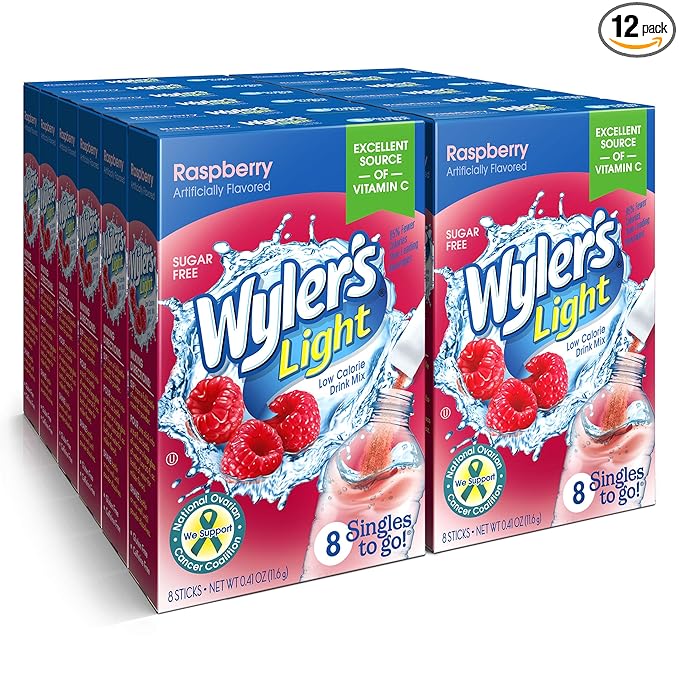 Wyler's Light Singles To Go Powder, Water Drink Mix, Raspberry, 8 per Box, 96 total Packets (Pack of 12)