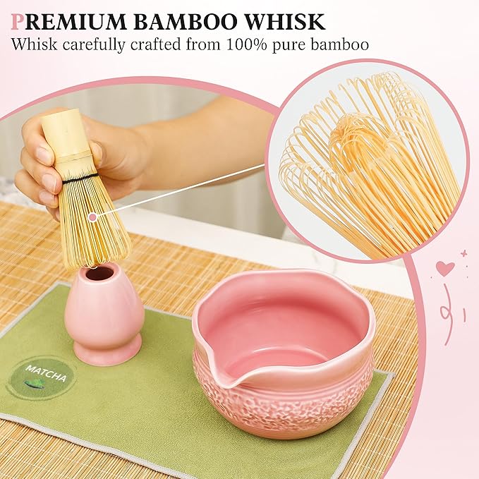 Matcha Whisk Set, Pink Matcha Set, 8 Pcs Complete Ceramic Matcha Making Kit with Bowl, Bamboo Whisk & Holder, Stainless Sifter, Tea Towel, Scoop & Scoop Rest, Perfect for Beginners & Lovers