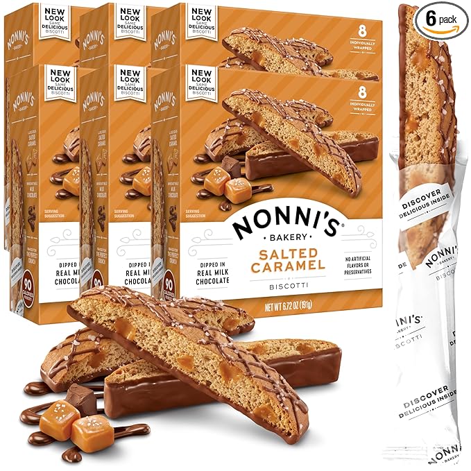 Nonni's Salted Caramel Biscotti Italian Cookies - 6 Boxes - Biscotti Individually Wrapped Cookies - Italian Biscotti Cookies w/Rich Milk Chocolate & Sea Salt - Kosher - 6.72 oz