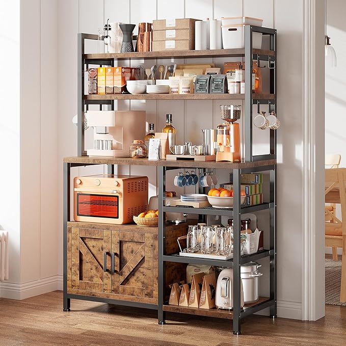 EnHomee Bakers Rack, 6 Tier Microwave Stand, Coffee Bar Organizer with 8 L-Shaped Hooks, Kitchen Shelves with Large Capacity Storage, 14.1 x 30.1 x 63.1 Inches, Rustic Brown