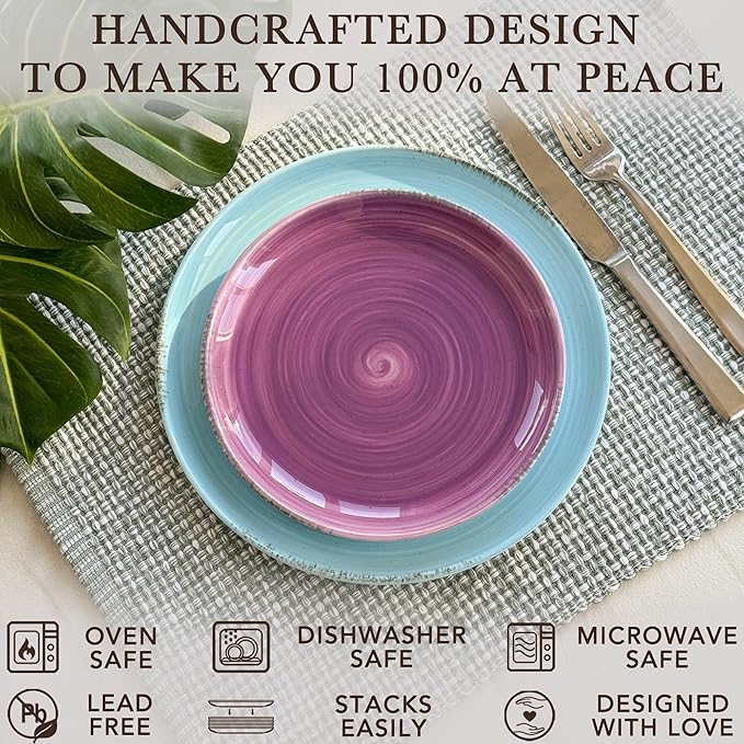 Mora Ceramic Helix Swirl Salad Plates Set of 6, 8in Spiral Porcelain Dish for Kitchen, Small Dinner, Lunch, Appetizer, Dessert, etc - Dishwasher, Microwave, Freezer, Oven Safe Dishware - Ocean Colors