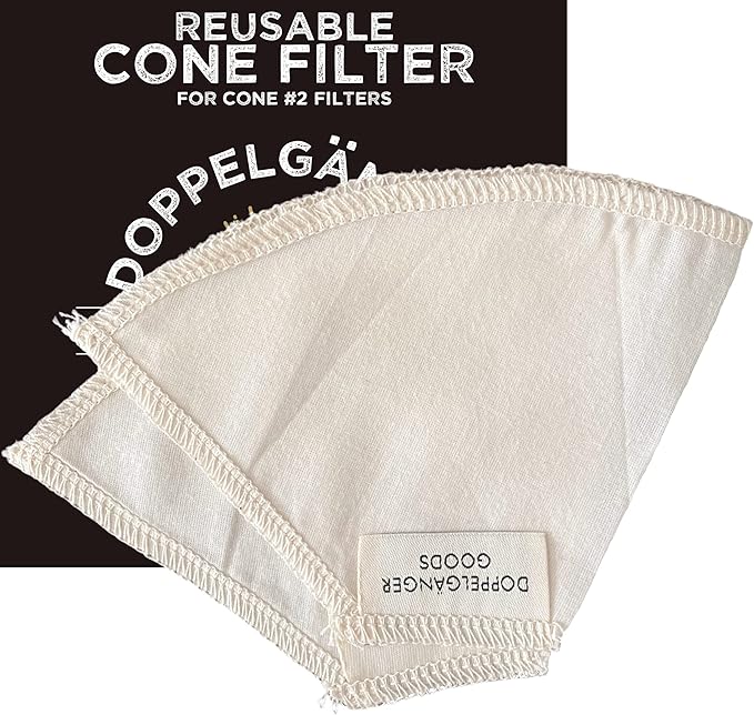 (2-Pack) Reusable Organic Cotton Cone #2 Coffee Filter — Cloth Filters for Coffee Dripper, Pour Over Coffee Dripper & Coffee Makers that Use 2-6 Cup Cone Coffee Filters