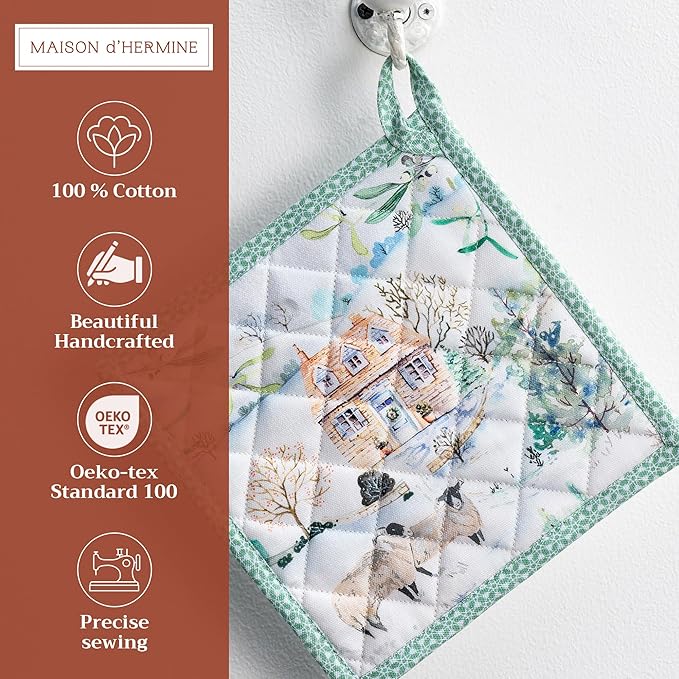 Maison d' Hermine Pot Holders 100% Cotton Heat Resistant Potholders 8" x 8" Hot Pads with Loop BBQ, Cooking, Baking, Grilling, Kitchen, Handling Hot Pans (Pack of 1, Snowy World)