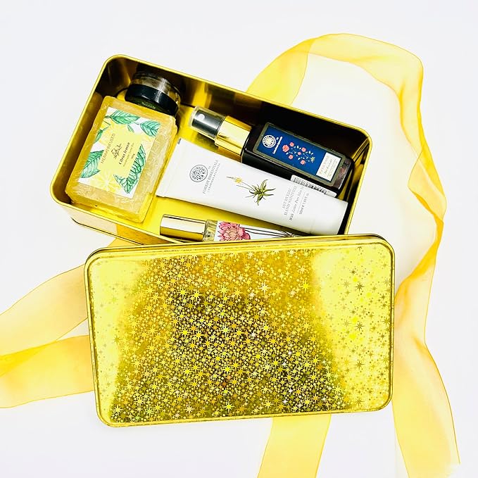 Gold Glitter Single Piece Empty Rectangular Tin Container With Lid, Multipurpose Festive Party Favor Gift Box For Cookies, Candies, Stationery & More - 7.5 x 4.25 x 2 Inches