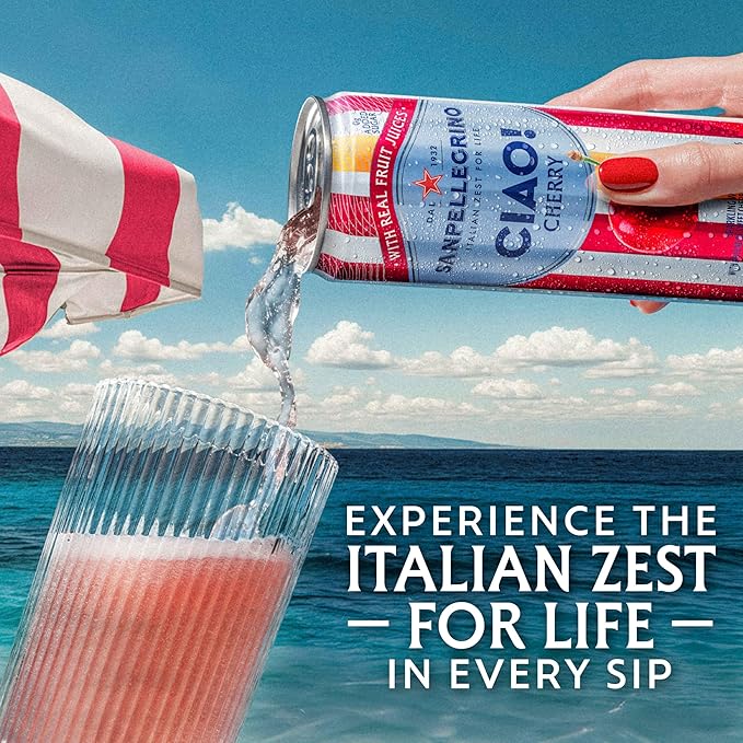 Sanpellegrino CIAO Cherry Sparkling Water, Low-Calorie Italian Sparkling Water with Real Fruit Juices, 0g Added Sugar, 24-Pack