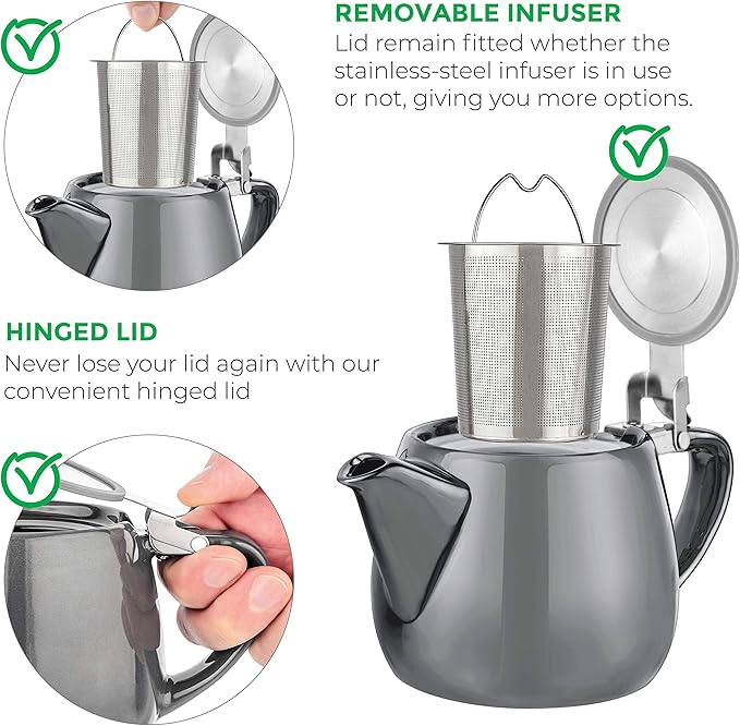 Tealyra - Pluto Porcelain Small Teapot Grey - 18.2-ounce (1-2 cups) - Unique Finish - Stainless Steel Lid and Extra-Fine Infuser To Brew Loose Leaf Tea - 540ml