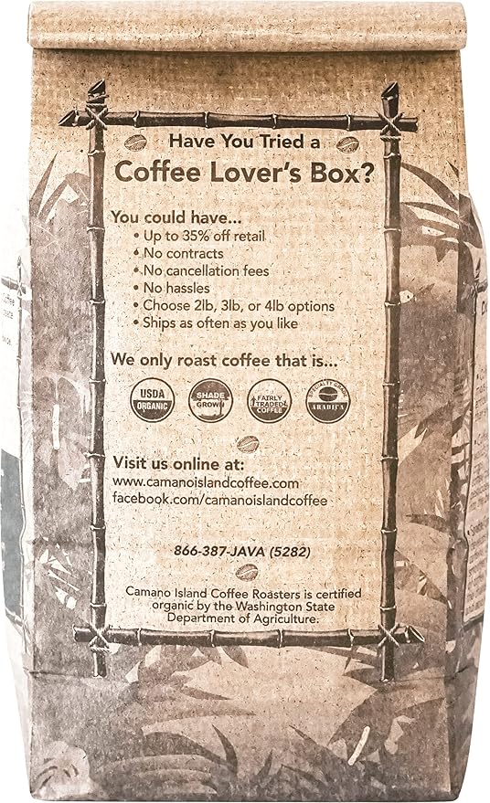Camano Island Coffee Roasters Decaf Espresso Blend, Whole Bean 1lb, Fresh Dark Roast Swiss Water Processed, USDA Organic, Fairly Traded, Shade Grown Top 1% Arabica, Sweet Molasses, Mixed Berry Flavor