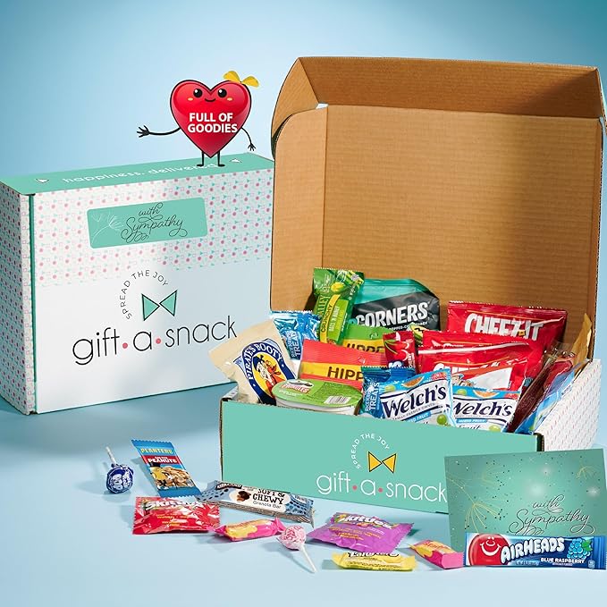 Gift A Snack - Sympathy Snack Box Care Package + Greeting Card (45 Count) Condolence for Loss of Loved One, Dog Pet Cat Memorial Sweet Treats Gift Basket - Cravy Food Assortments & Variety Gifts