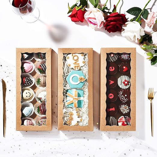 50PCS 12 x 5 x 1.5 inches Auto-Popup One Piece Premium Cookies Boxes, Macaron Boxes for 12, Kraft Brown Bakery Box for Holiday Cookie Gift Sets