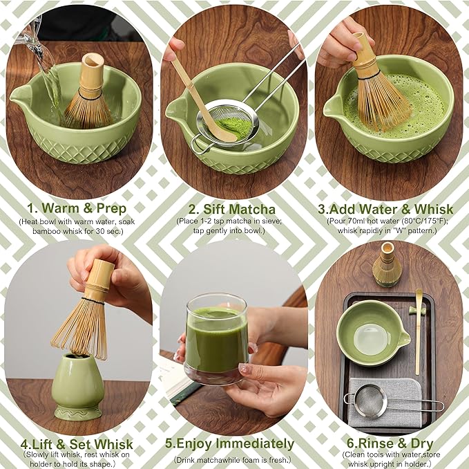 Matcha Whisk Set, 7 Pcs Matcha Kit, Ceramic Matcha Set Includes Matcha Bowl with Spout, Matcha Whisk and Holder, Bamboo Scoop, Scoop Rest, Sifter and Tea Towel (Matcha Green)