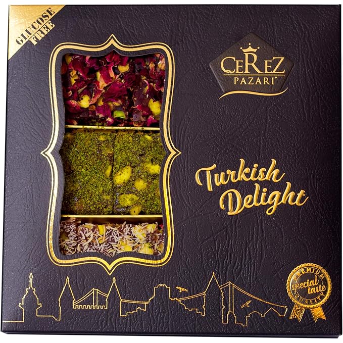 Cerez Pazari Turkish Delight Pistachio with Fantastic Rose & Pomegranate Flavour Experience in Luxury Gift Box 8.8 oz | Assorted Gourmet Soft Candy, Sweet Vegan Traditional Lokum (Loukoumi) (9-11 Pcs)