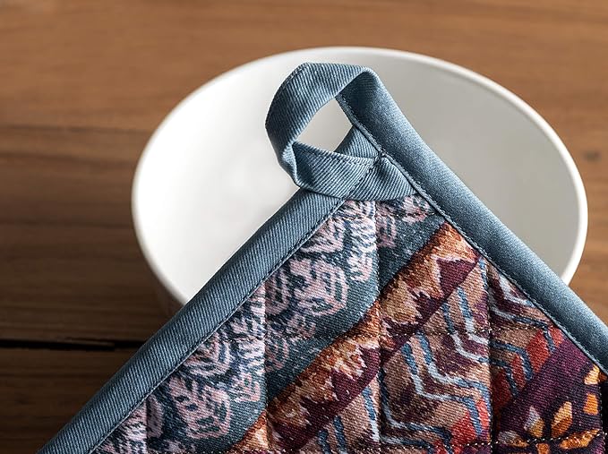 Maison d' Hermine 100% Cotton Oven Mitt & Pot Holder Set (7.5"x13" & 8"x8") Heat Resistant BBQ Cooking Gloves with Loop, Baking, Grilling, Kitchen, Handling Hot Pans (Fair Isle)