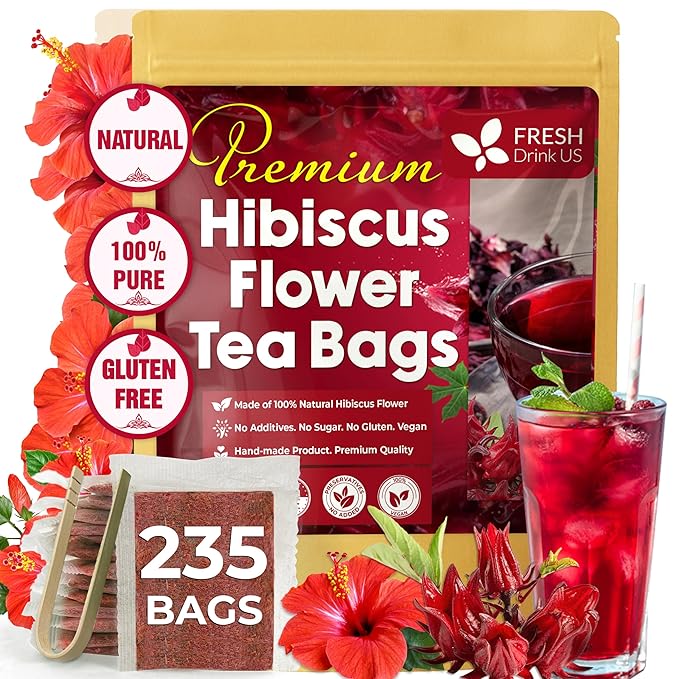 FreshDrinkUS, Premium 235 Hibiscus Flowers Tea Bags, 100% Natural, Pure from Hibiscus Flowers. Loose Flower Herbal Tea. No Sugar, No Caffeine, No Gluten, Vegan.