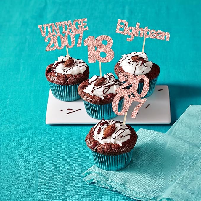 Gyufise 24Pcs 18th Birthday Cupcake Toppers Glitter Eighteen Vintage 2007 Hello 18 Years Birthday Cupcake Picks Adultish 18 Cake Decoration for Happy 18th Birthday Anniversary Party Supplies Rose Gold