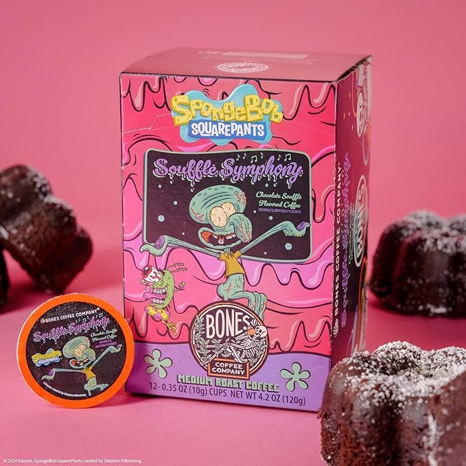 Bones Coffee Company Spongebob Soufflé Symphony, Chocolate Soufflé Flavored Coffee Pods, Low Acid Medium Roast Single-Serve Bones Cups, Compatible with 1.0 & 2.0 Capsule Brewers Coffee Maker, 12 Count