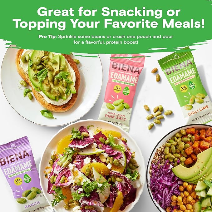 Biena Crispy Roasted Edamame Beans Snack – High Protein Low Carb Snack for Adults & Kids, 12g-13g Protein per Serving - Made w/Avocado Oil – Vegan, Gluten-Free – 18-Pack 1.05oz Variety Pack