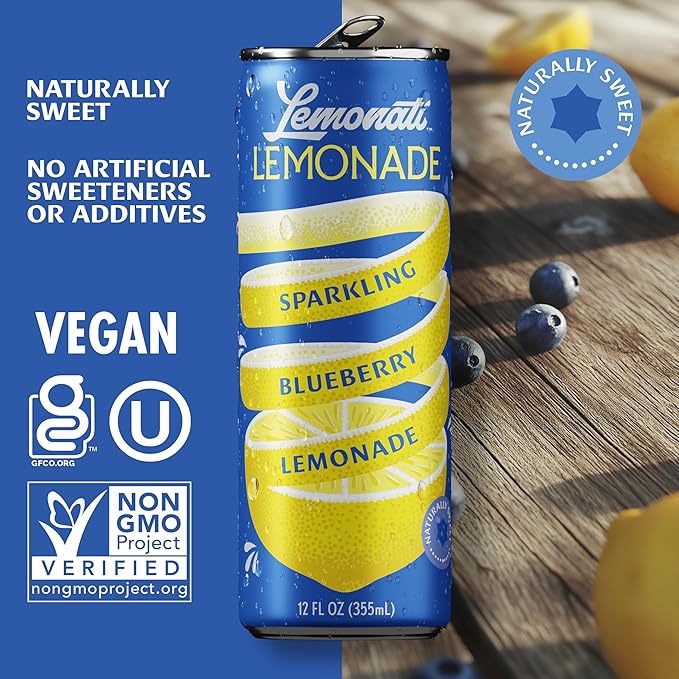 Lemonati Lemonade Sparkling Blueberry Lemonade, No Artificial Sweeteners or Flavoring, Gluten-Free, Kosher, Non-GMO, Vegan, 12 Fl Oz Slim Cans, Pack Of 24, Blueberry Lemonade, 12 Fl Oz (Pack of 24)
