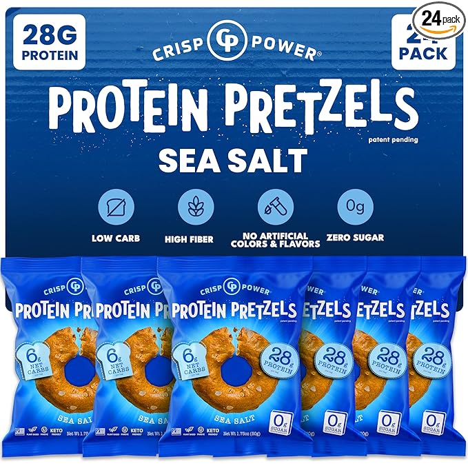 Crisp Power Protein Pretzels, Sea Salt, High Protein Vegan Keto Snack, 28 G Plant Based Protein, Low Carb Crunchy Pretzel Snacks, No Added Sugar, No Seed Oils, 1.75 oz Bags, 24 Pack