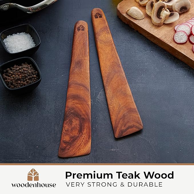 12 inch Teak Wood Spatula for Cast Iron, Small Wood Flipper, Egg Scraper, Flat Wooden Turner, Multipurpose Wood Cooking Utensil, Spatulas Perfect for Flipping, Serving, Scraping & Turning. Set of 2