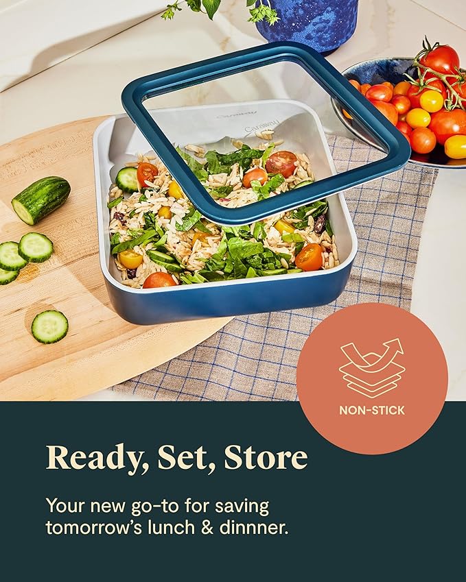 Caraway Glass Food Storage, 10 Cup Glass Container,Ceramic Coated Food Container,Easy to Store, Non Toxic, Non Stick Lunch Box Container with Glass Lids. Dishwasher, Oven,Square Shape,Navy