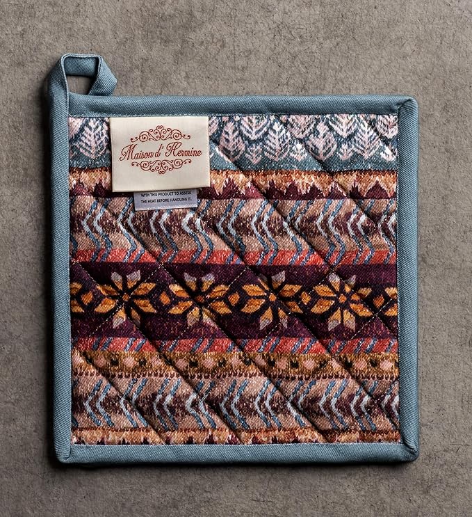 Maison d' Hermine Pot Holders Set 100% Cotton Heat Resistant Potholders 8" x 8" Hot Pads with Loop BBQ, Cooking, Baking, Grilling, Kitchen, Handling Hot Pans (Pack of 2, Fair Isle)