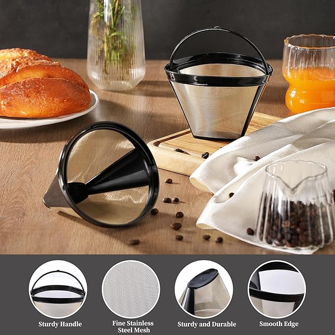 2 Pack Reusable Coffee Filters, Gold Metal Permanent Coffee Filter Basket Replacement for Cuisinart and Ninja Coffee Maker (8-12 Cup), Food-grade and Easy Cleaning