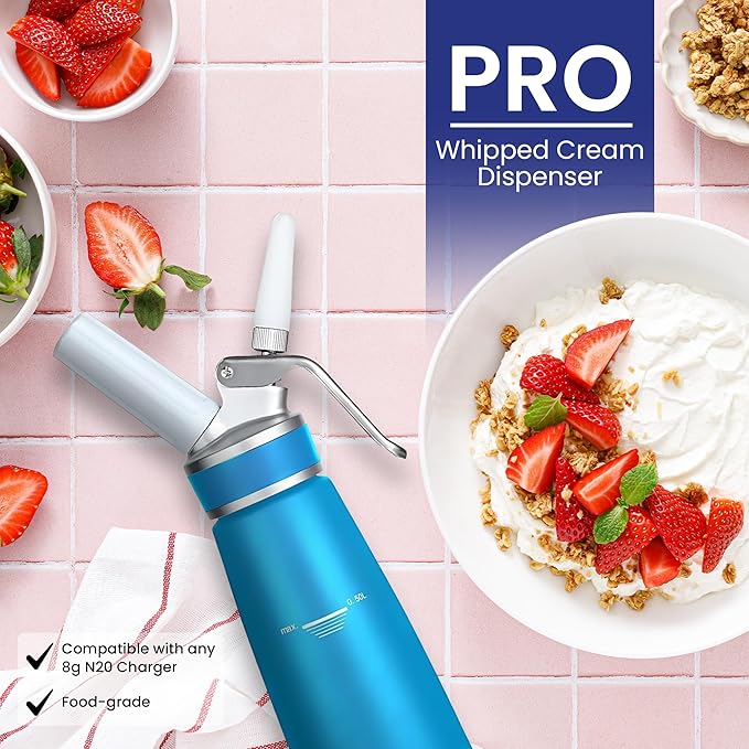 PRO Cream Dispenser, Durable High-Grip, Metal Lid with Rubber, 3 Nozzles, for Hot/Cold Use, Cleaning Brush Included, Blue - 500 ml / 1 Pint