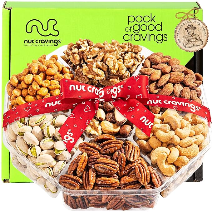 NUT CRAVINGS - Thanksgiving Mixed Nuts Gift Basket + Heart Ribbon (7 Assortments) Holiday Xmas Christmas Food Arrangement, Healthy Snack Care Package, Food Assortments