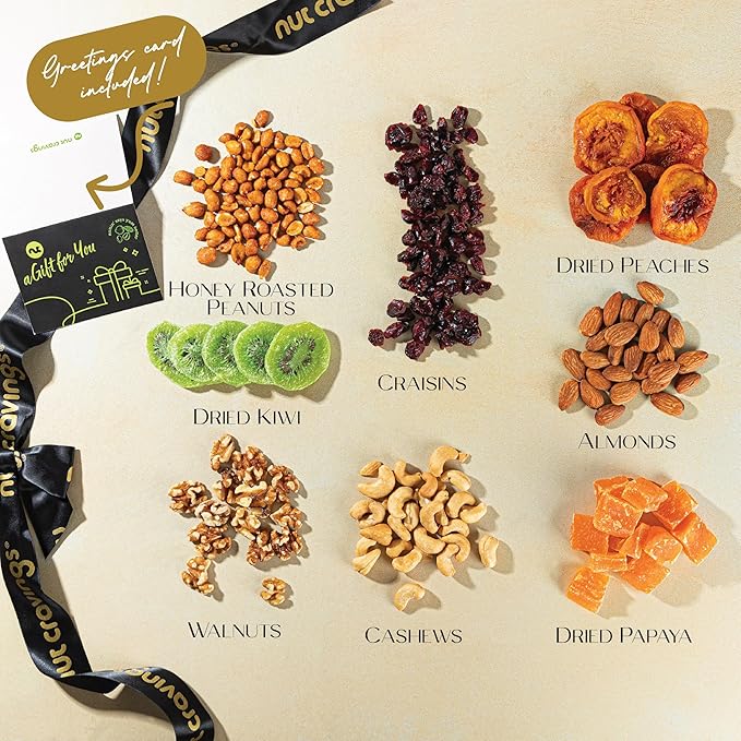 NUT CRAVINGS - Thanksgiving Dried Fruit & Mixed Nuts Gift Basket, in Black Tower + Ribbon (8 Assortments) Holiday Xmas Christmas Food Arrangement, Healthy Snack Care Package
