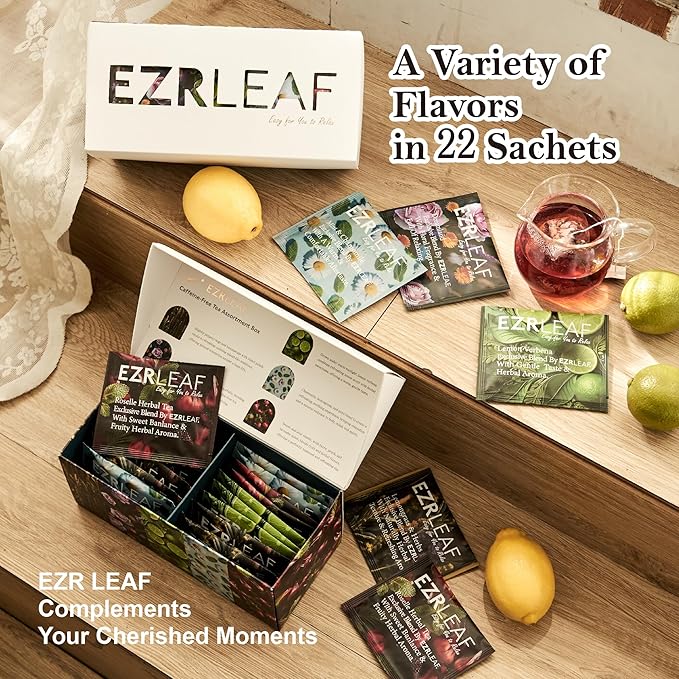 Decaf Herbal Tea Sampler – EZR Leaf 22ct Caffeine-Free Pyramid Bags, Assorted Fruit & Floral Blends with Lemon Verbena, Chamomile Mint, Dreamland, Roselle – Variety Tea Gift Set for Tea Lovers