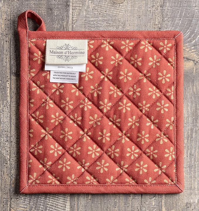 Maison d' Hermine Pot Holders Set 100% Cotton Heat Resistant Potholders 8" x 8" Hot Pads with Loop BBQ, Cooking, Baking, Grilling, Kitchen, Handling Hot Pans (Pack of 2, Romane)