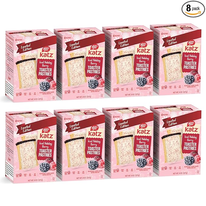 Katz Gluten Free Iced Holiday Berry Toaster Pastries. Limited Edition Kosher Breakfast Snack. Free of Dairy, Peanuts, Tree Nuts, and Sesame, No Artificial Color. (8Pk)