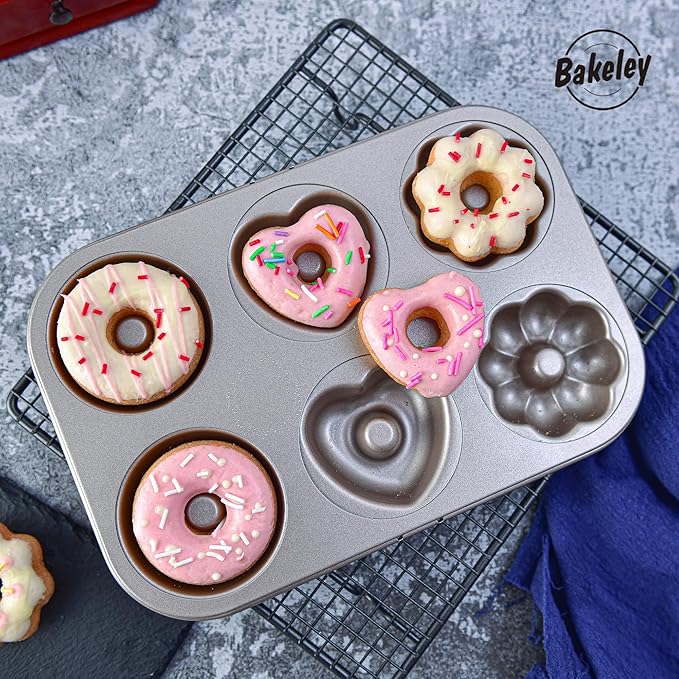 Fancy Donut Pan, 6 Cavity Donut Mold Heavy Duty Steel Non-stick Heart Flower Round Shaped Bund Pans Pattern Doughnut Bakeware for Oven Baking (Champagne Gold)