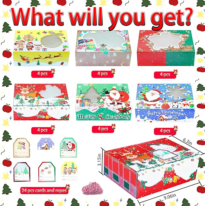 24 PCS Christmas Cookie Boxes for Gift Giving-Christmas Food Containers Cookie Tins, Christmas Tins Treat Boxes with Windows, Holiday Bakery Box for Pastries