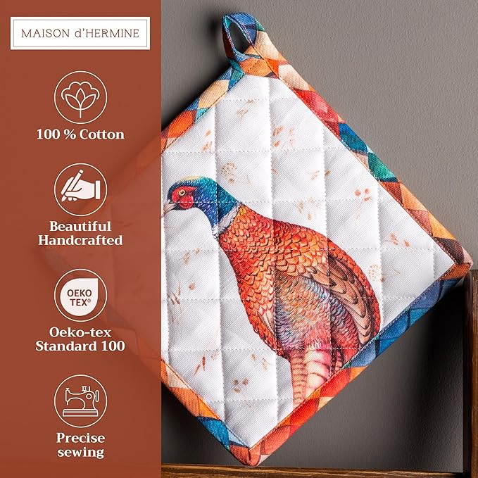 Maison d' Hermine Pot Holders Set 100% Cotton Heat Resistant Potholders 8" x 8" Hot Pads with Loop BBQ, Cooking, Baking, Grilling, Kitchen, Handling Hot Pans (Pack of 2, Faisan D'Automne)