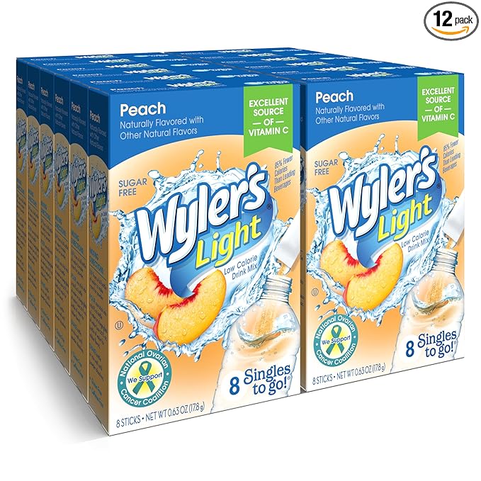 Wyler’s Light Singles-To-Go Sugar Free Drink Mix, Peach, 8 CT Per Box (Pack of 12)