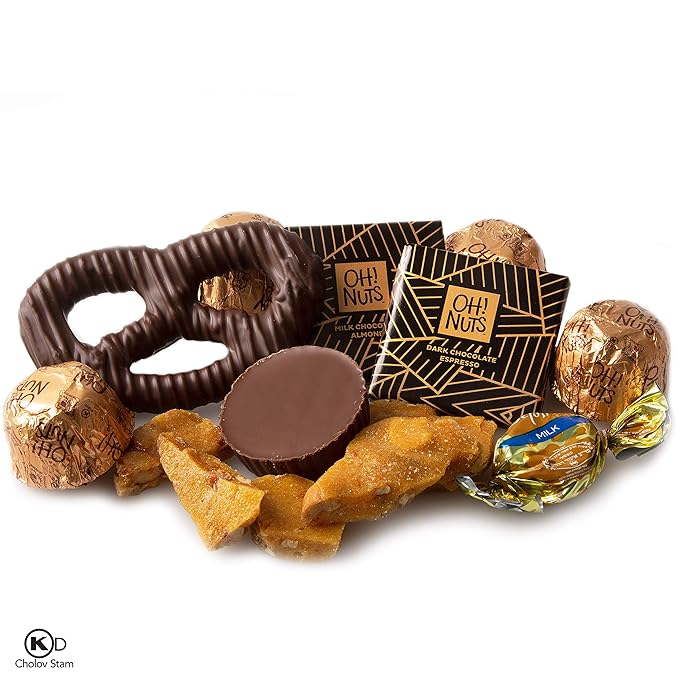 Oh! Nuts Chocolate Gift Basket - 6 Section Candy Square Metal Tin Box - Gourmet Assorted Chocolate Gifts Baskets - Healthy Chocolate Gifts Box for Birthday, Holiday, Corporate, Family, Men & Women
