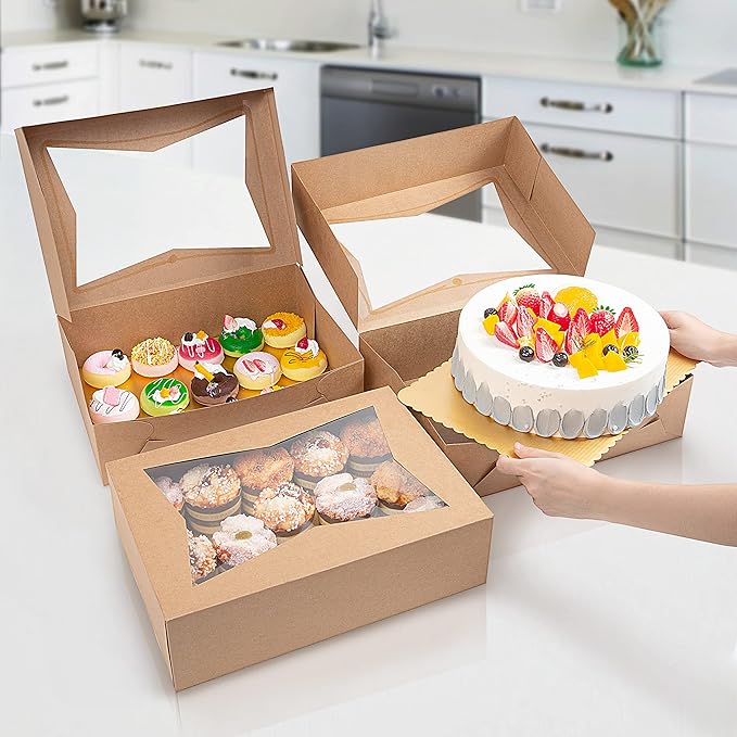 (15 Pack) Cake Boxes with Cake Boards INCLUDED – Easy-Assembly, 14 x 10 x 4 Inch, Dessert Boxes with Window, Stickers – Store & Sell Cakes, Cupcakes, Muffins, & Donuts in Bakery Boxes