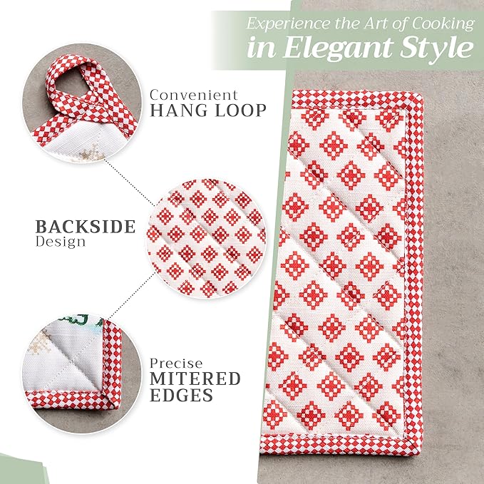 Maison d' Hermine Pot Holders Set 100% Cotton Heat Resistant Potholders 8" x 8" Hot Pads with Loop BBQ, Cooking, Baking, Grilling, Kitchen, Handling Hot Pans (Pack of 2, Rural Christmas)
