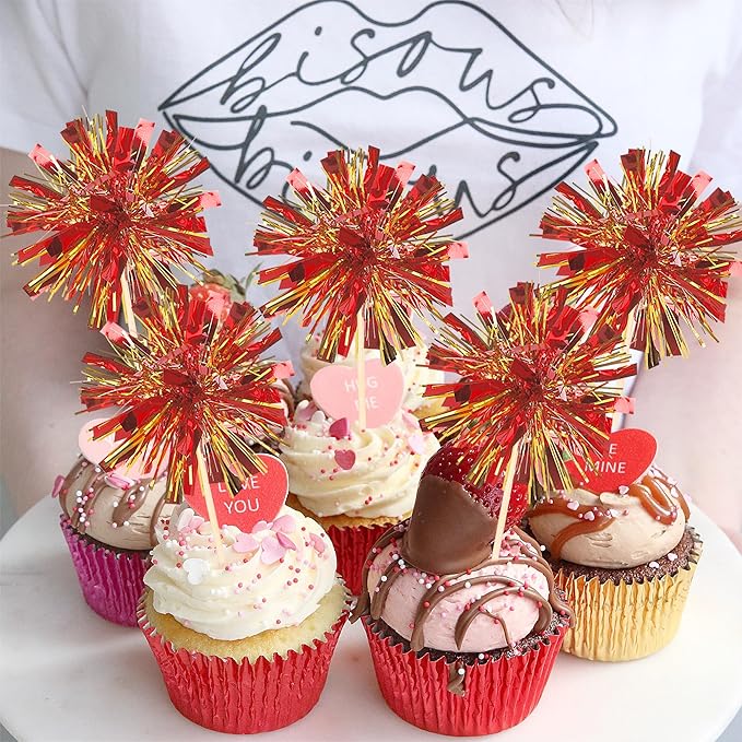 30 PCS Foil Firework Cupcake Toppers Sparkle Tinsel Cupcake Picks Happy Birthday Cake Decorations Drink Stirrers Cocktail Food Fruit Toothpicks for Baby Shower Graduation Party Supplies Red Gold