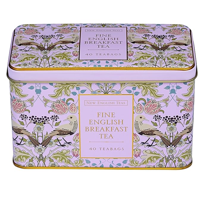 New English Teas Song Thrush and Berries Tea Tin in Pink with 40 English Breakfast Teabags