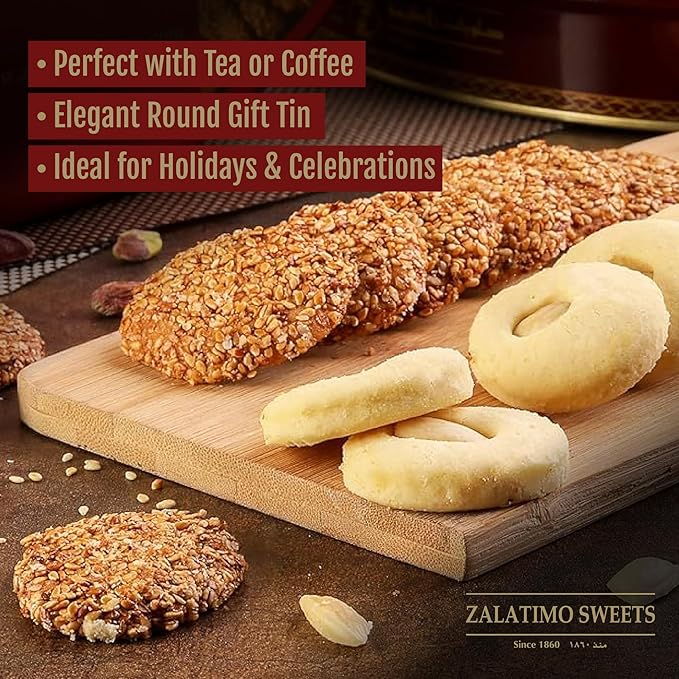 Zalatimo Sweets Since 1860, 100% All Natural Assorted Mamoul Shortbread Cookies, Square Metal Gift Tin, Slightly Sweet Cookies, Pistachio, Walnuts, Dates, No Preservatives, No Additives, 1.7Lbs