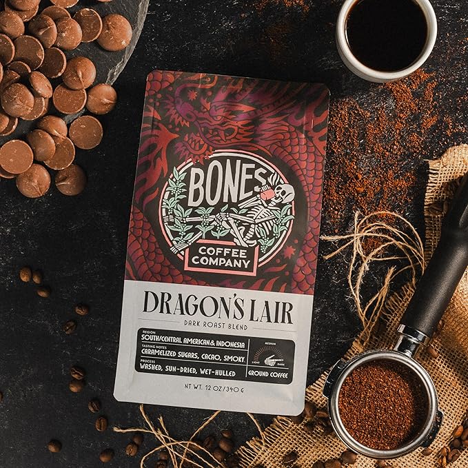 Bones Coffee Company Dragon's Lair, Smokey, Cacao and Caramelized Sugar Notes, Unflavored Coffee, Medium Roast Low Acid Arabica Beans Compatible with Auto drip and French Press Coffee Maker, 12 Oz Ground