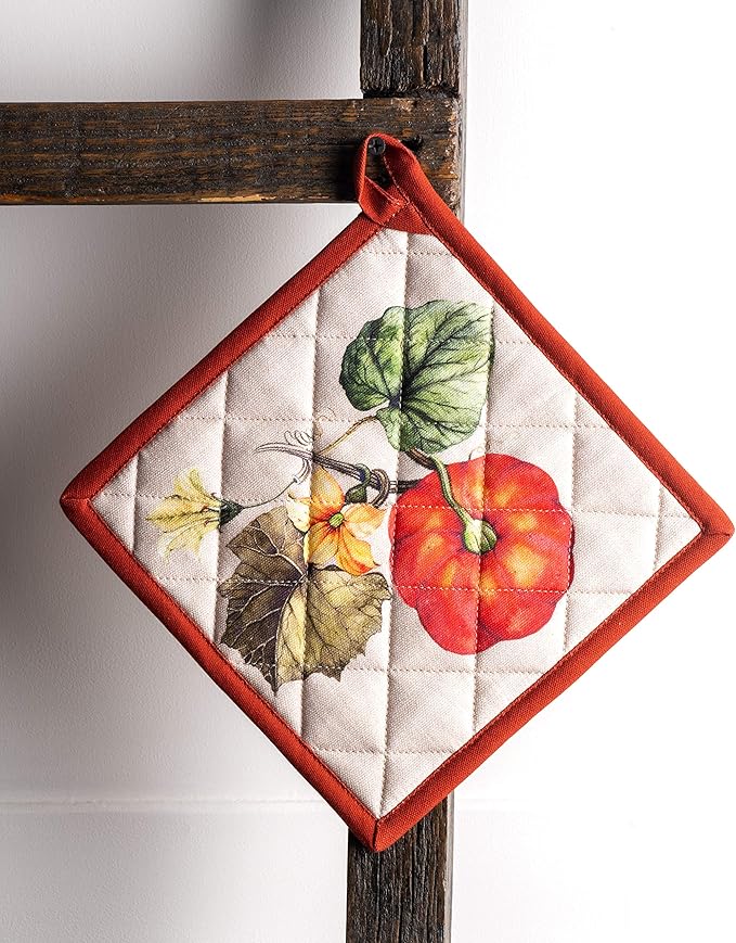 Maison d' Hermine Pot Holders Set 100% Cotton Heat Resistant Potholders 8" x 8" Hot Pads with Loop BBQ, Cooking, Baking, Grilling, Kitchen, Handling Hot Pans (Pack of 2, Potiron)