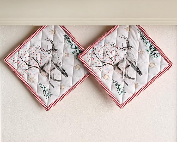 Maison d' Hermine Pot Holders Set 100% Cotton Heat Resistant Potholders 8" x 8" Hot Pads with Loop BBQ, Cooking, Baking, Grilling, Kitchen, Handling Hot Pans (Pack of 2, Rural Christmas)