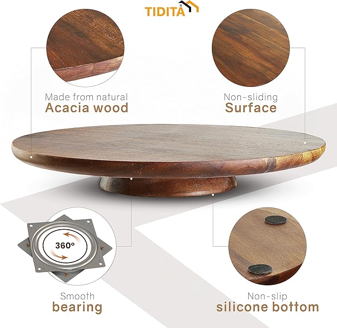 13" Acacia Cake Stand Rotating – Rustic Wood Turntable Pedestal Stands – Wooden Spinning Tables for Food Serving - Round Cake Decorating for Cupcake Dessert Display in Party, Wedding, Birthday
