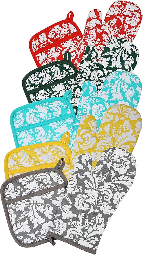 Yourtablecloth Set of Oven Mitt and Pot Holder or Oven Gloves-100% Cotton, High Heat Resistance, Superior Protection & Comfort–Elegant Design-Machine Washable-Nautical Blue