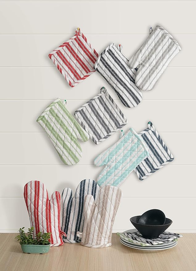 1 Oven Mitt, 1 PotHolder & 1 Kitchen Apron Set - Durable Heat Resistant Gloves - Thick Mittens for Kitchen - Suitable for Cooking, Baking, Grilling – Men & Women – Grass Green Stripes