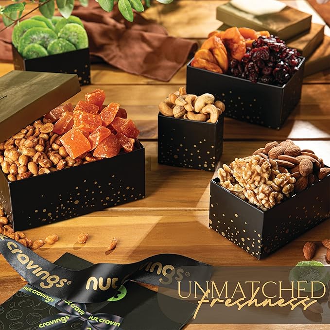 NUT CRAVINGS - Thanksgiving Dried Fruit & Mixed Nuts Gift Basket, in Black Tower + Ribbon (8 Assortments) Holiday Xmas Christmas Food Arrangement, Healthy Snack Care Package